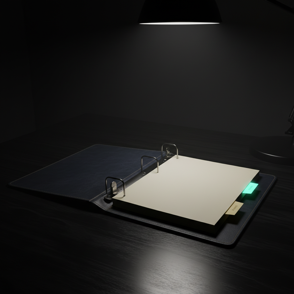 Cinematic dark deep-navy leather binder open on a polished wood desk with cream divider tabs, one tab standing taller and glowing soft teal-mint — representing the YMYL-aware schema reframe fintech compliance teams missed after FAQ rich results retired