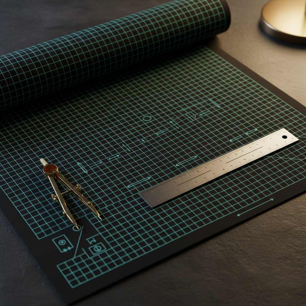 Cinematic dark slate desk with an overhead architectural blueprint sheet covered in crisp electric teal-mint grid lines, geometric callouts, brass drafting compass and metal ruler — representing structured schema markup for fintech