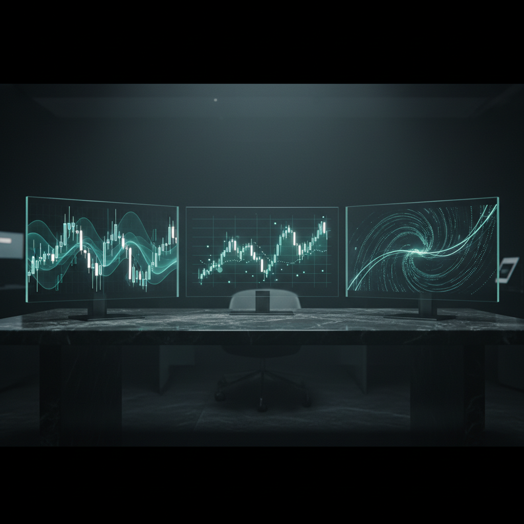 Cinematic dark marble desk with a curved bank of three glass monitor screens, each glowing with abstract electric teal-mint candlestick and waveform data — representing a compliance-fluent fintech SEO agency's command desk
