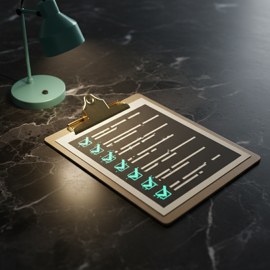 Cinematic overhead of a clipboard with a cream checklist on dark marble desk, abstract lines with bright electric teal-mint checkmarks beside each row, polished brass clip, teal desk lamp glow — representing a 27-item fintech SEO audit checklist