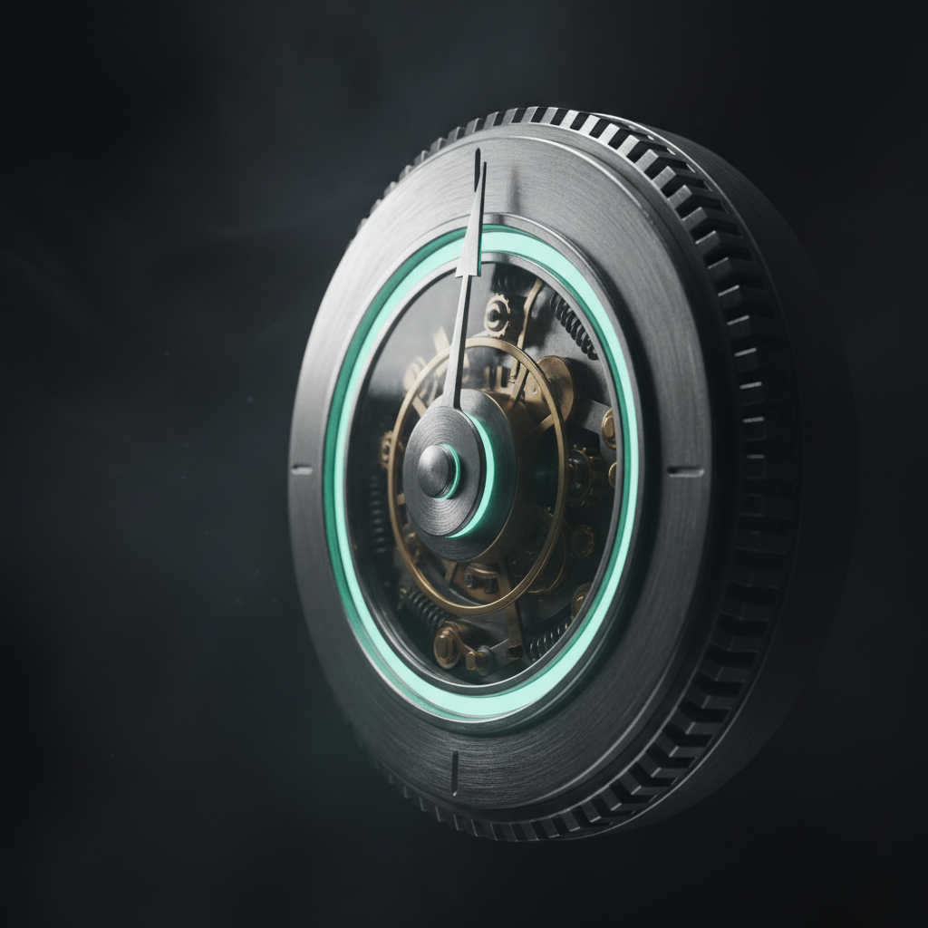 Cinematic macro of a heavy steel bank vault combination dial, the polished knurled grip filling the frame and the inner ring glowing soft electric teal-mint — representing compliance and security for fintech SEO