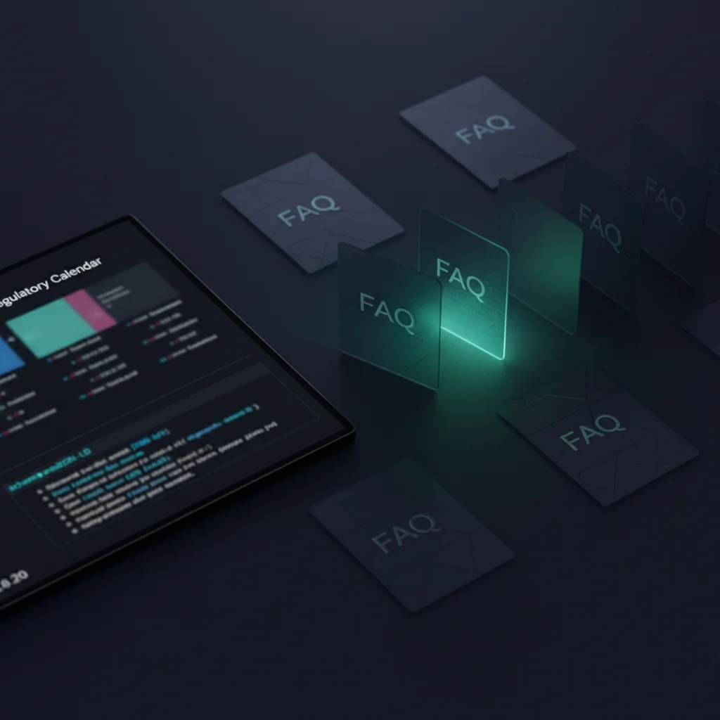 FinTechRank illustration: FAQ schema cards and regulatory calendar on a dark navy fintech desk — fintech-rank.com