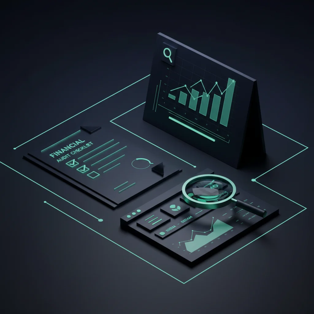 FinTechRank illustration: financial audit checklist with search console chart and magnifying glass on a dark navy desk — fintech-rank.com
