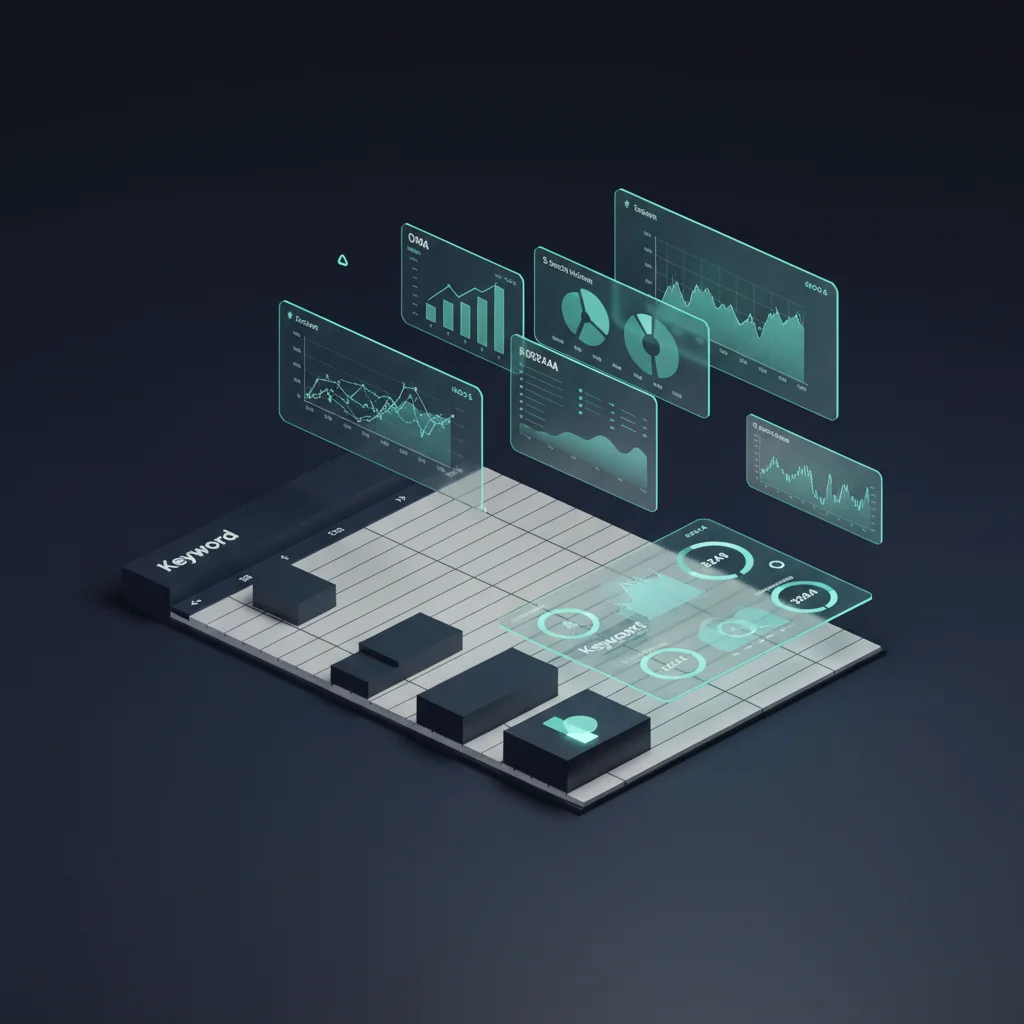 FinTechRank illustration: keyword research spreadsheet with fintech data visualization charts floating on a dark navy desk — fintech-rank.com