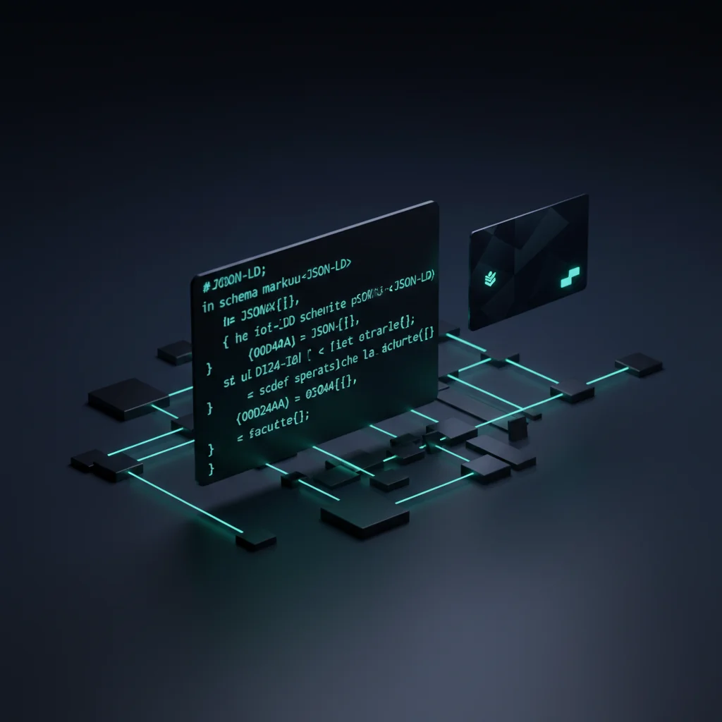 FinTechRank illustration: JSON-LD schema code on a dark screen with structured data nodes on a navy desk — fintech-rank.com