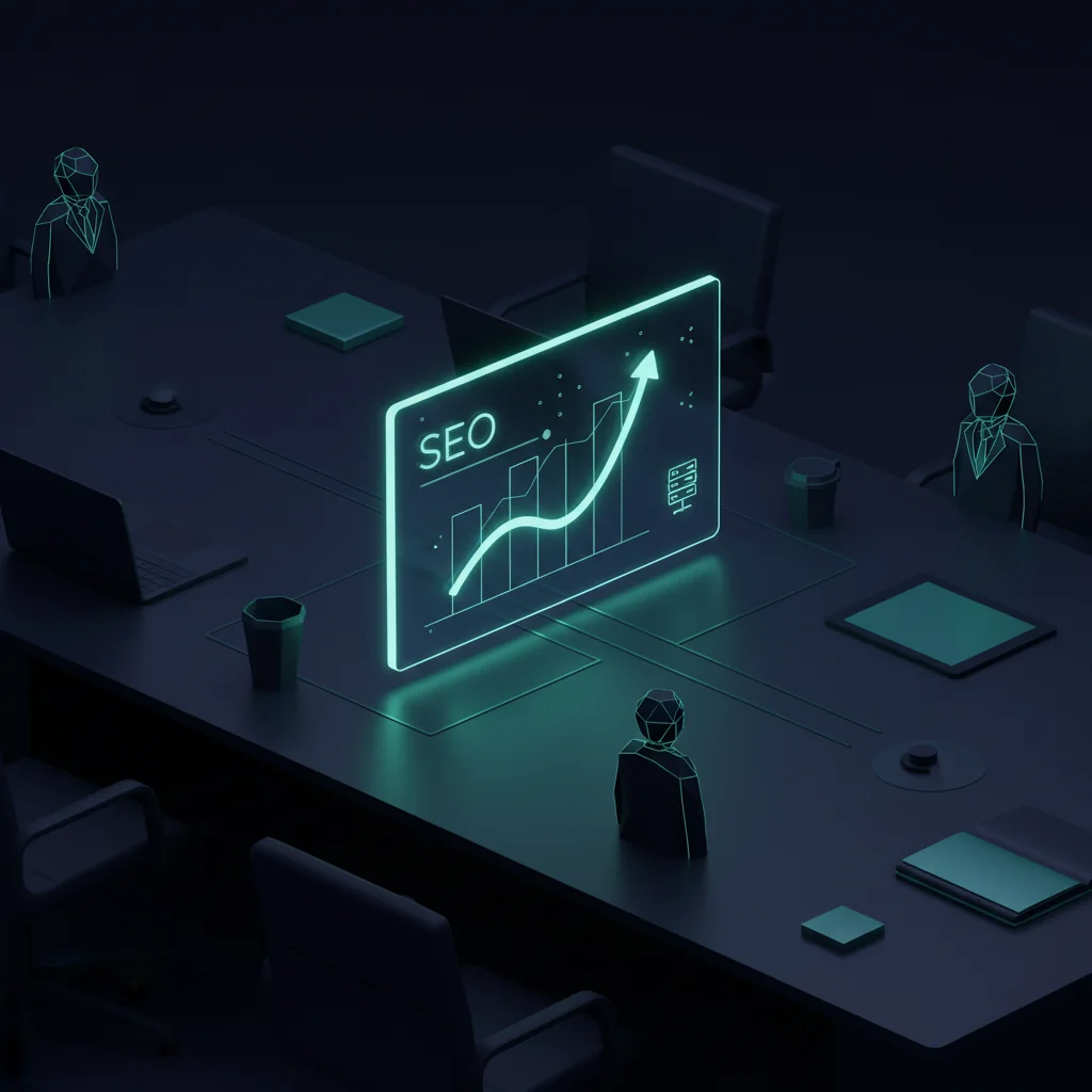 FinTechRank illustration: fintech agency meeting with SEO growth chart on dark navy conference table — fintech-rank.com