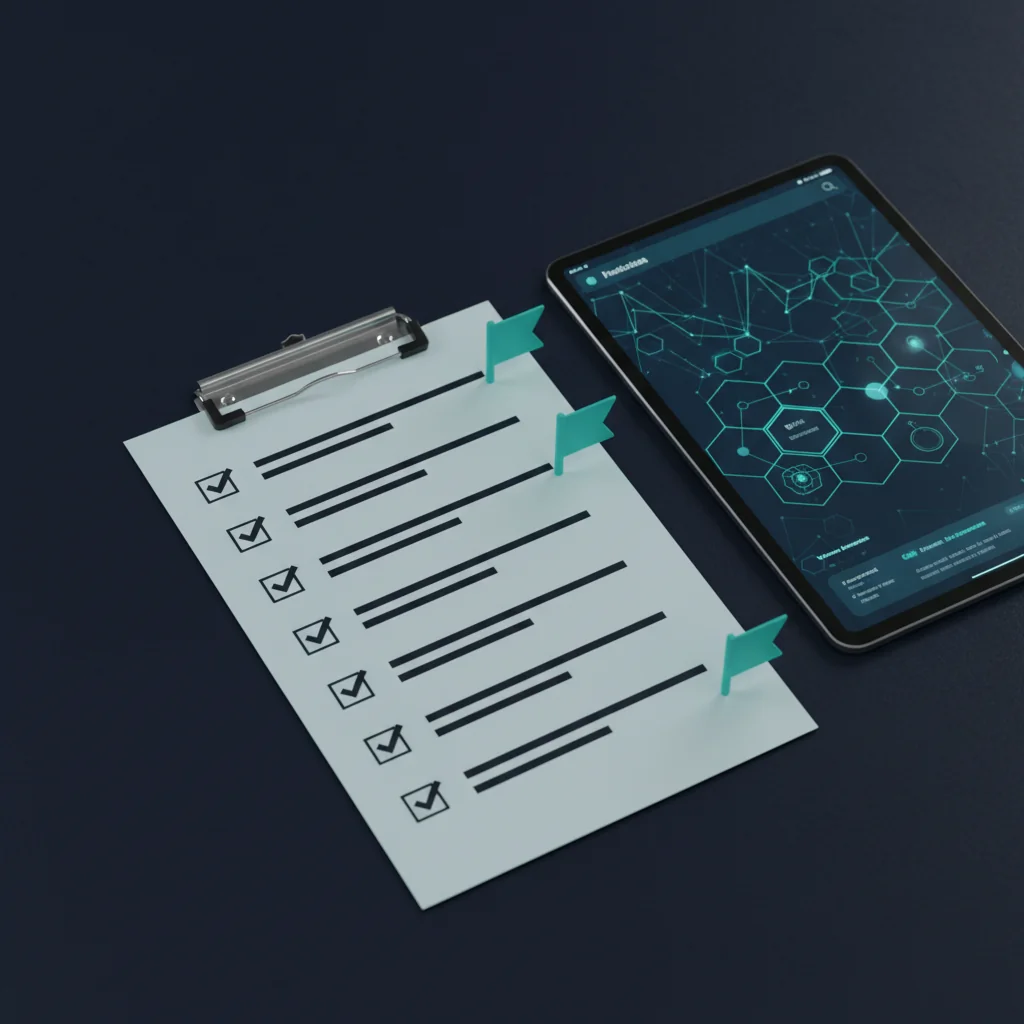 FinTechRank illustration: audit checklist clipboard with fintech app mockup and teal audit flags on dark navy desk — fintech-rank.com