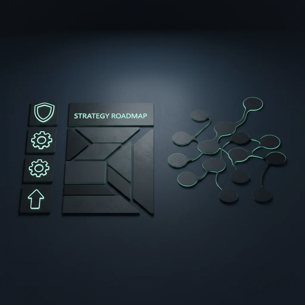 FinTechRank illustration: fintech SEO strategy roadmap with keyword cluster nodes on a dark navy desk — fintech-rank.com
