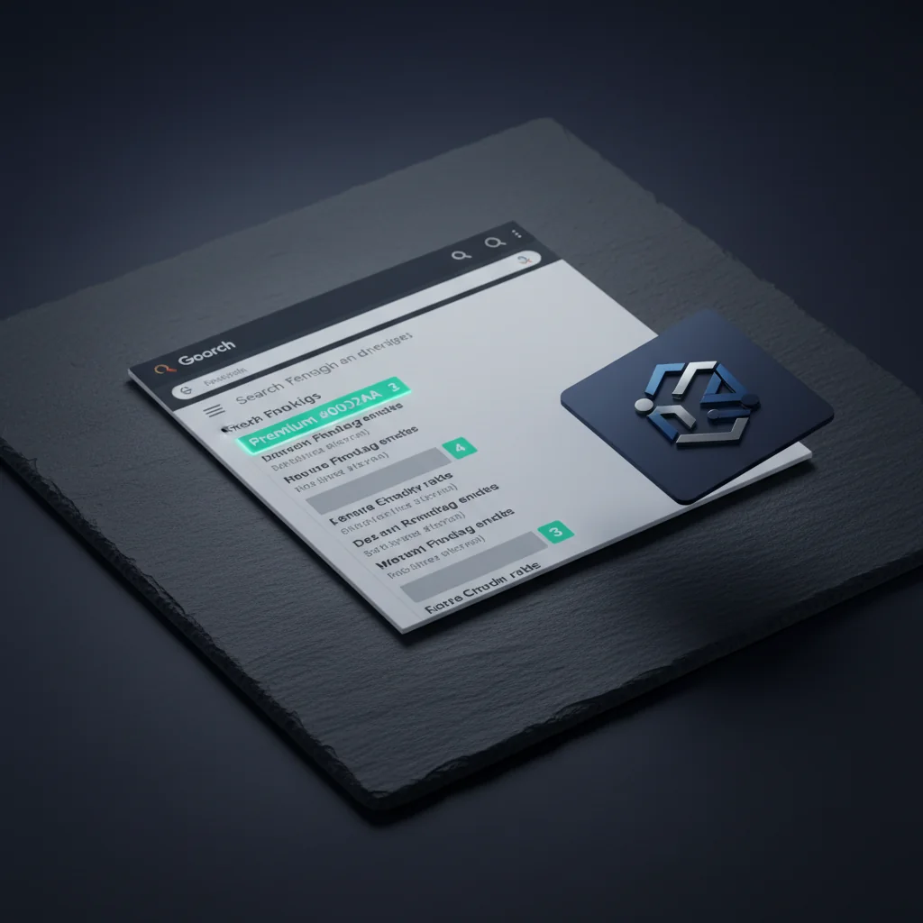 FinTechRank illustration: Google SERP mockup with fintech ranking visualization on dark slate — fintech-rank.com