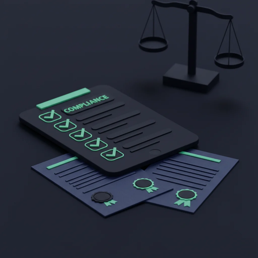 FinTechRank illustration: compliance checklist with regulatory documents and scales of justice on dark navy desk — fintech-rank.com