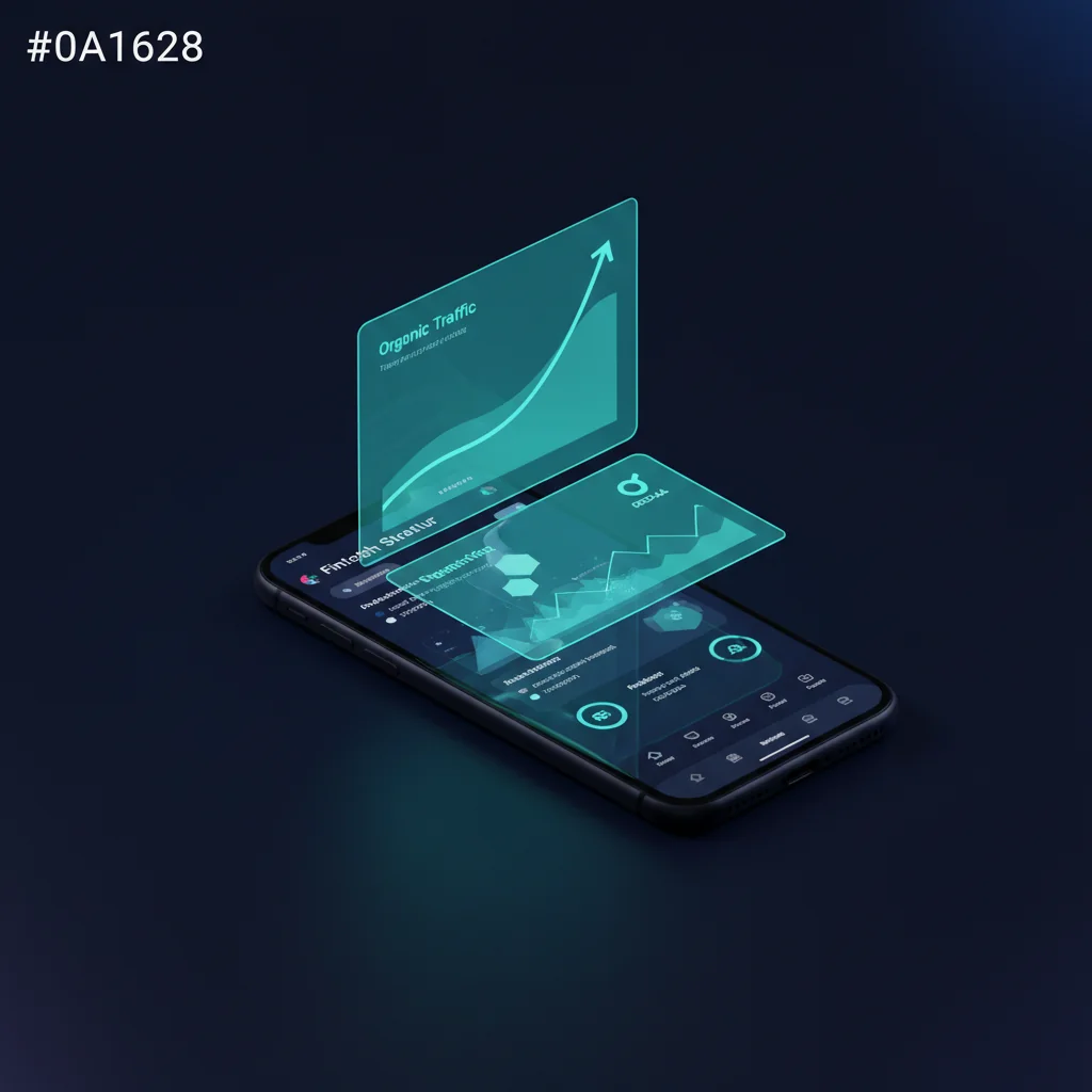 FinTechRank illustration: fintech startup dashboard on smartphone with organic traffic chart floating above — fintech-rank.com