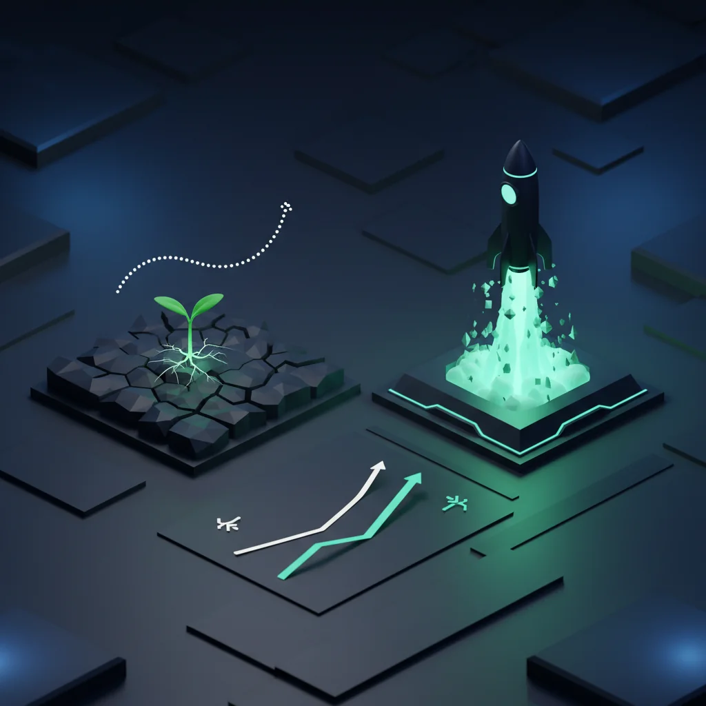 FinTechRank illustration: SEO seedling vs paid ads rocket with ROI comparison on a dark navy surface — fintech-rank.com