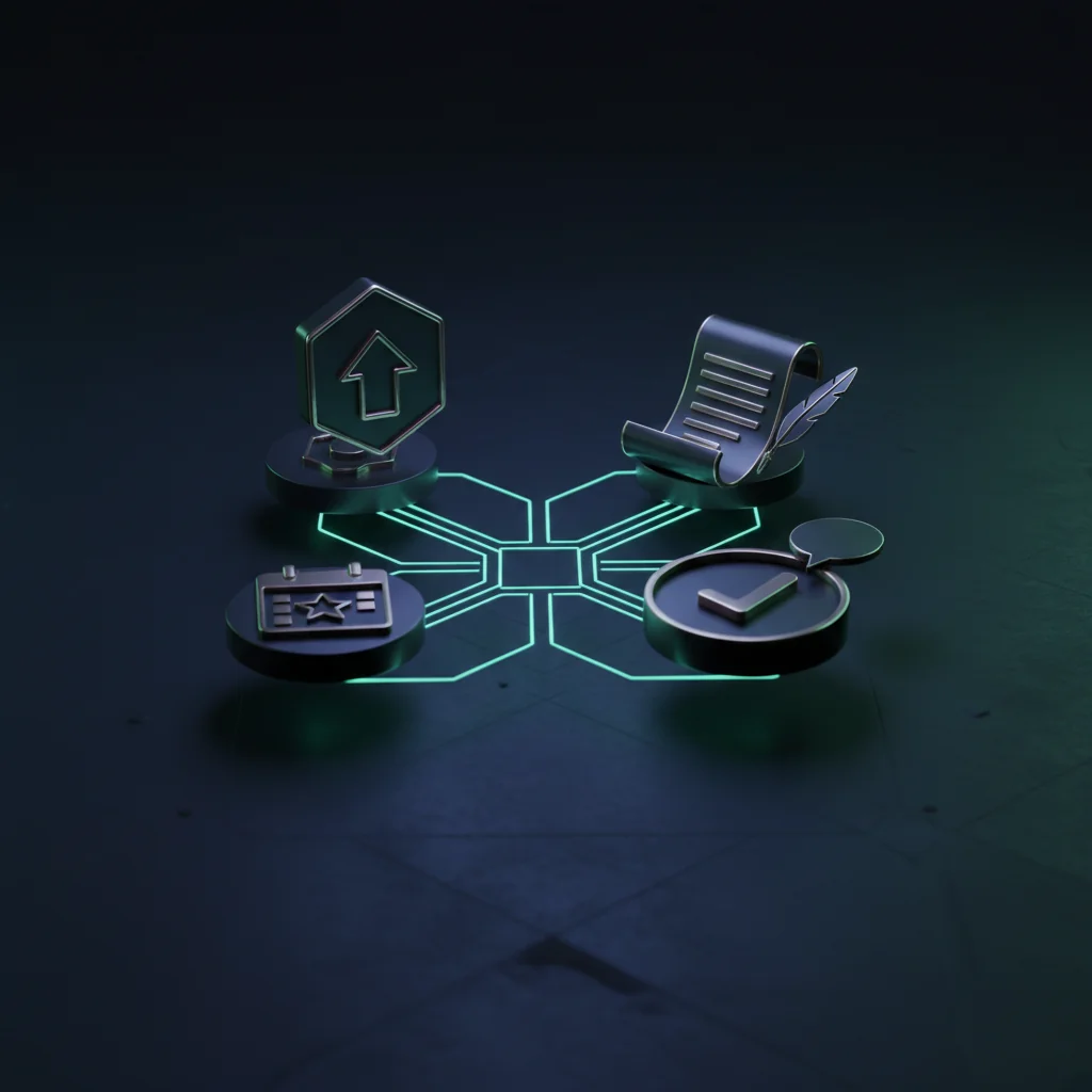 FinTechRank illustration: E-E-A-T signals diagram with credibility icons connected by teal lines — fintech-rank.com
