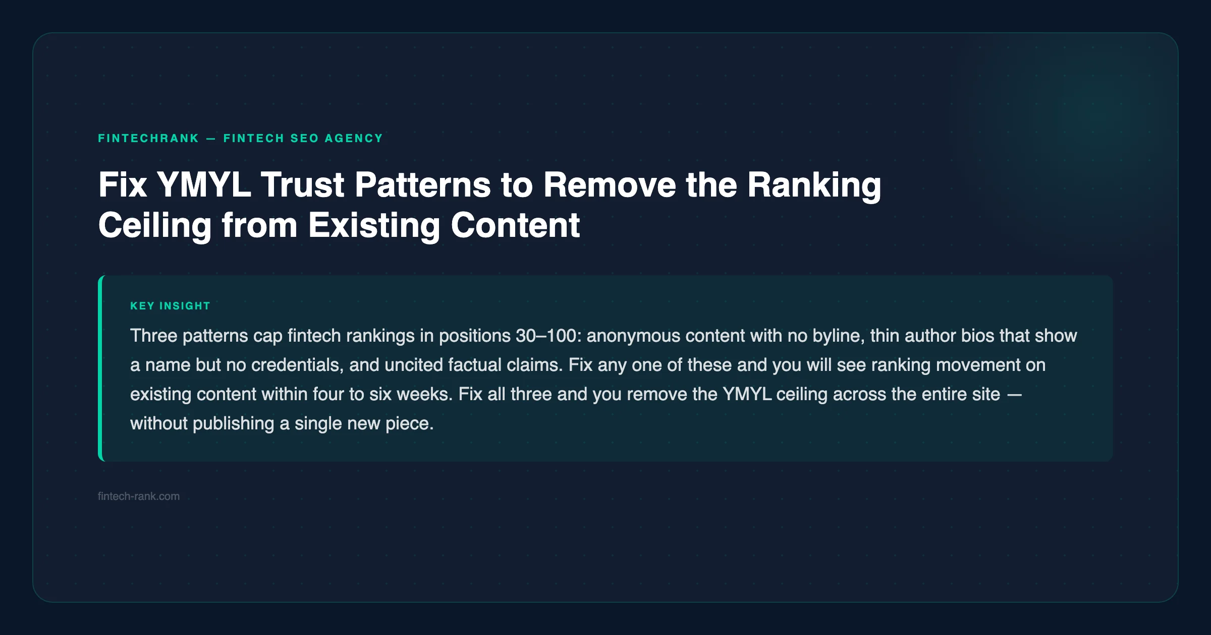 FinTechRank tip: fix YMYL trust patterns to remove the ranking ceiling from existing content — fintech-rank.com
